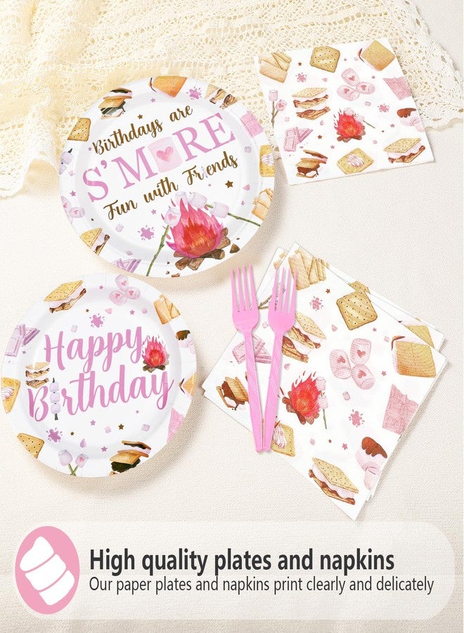 Greencian 96Pcs S'mores Camping Birthday Decorations Birthdays Are S’more Fun with Friends Plates and Napkins Pink Camping Theme Tableware Set for Girls Camper Campfire Bonfire Birthday Party Supplies Serves 24 - Image 4